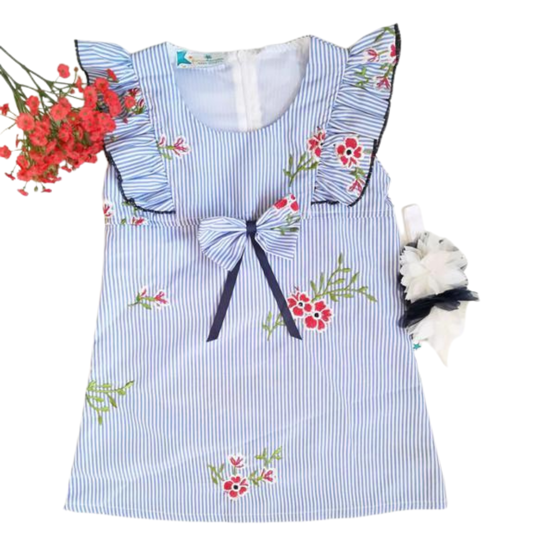 VESTIDO RAYADO AZUL NIÑA BORDADO FLORAL