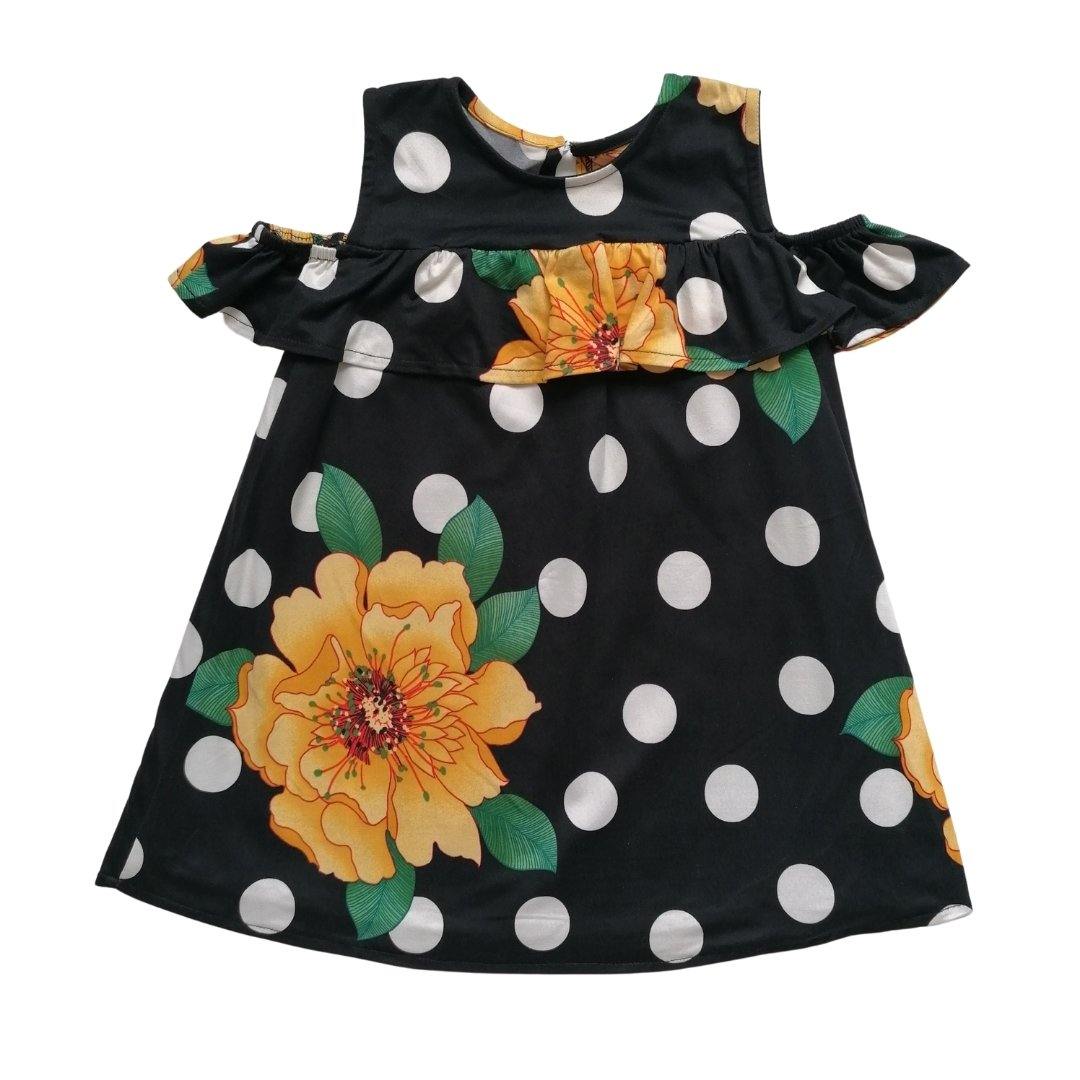 VESTIDO NEGRO CON LUNARES FLORES NIÑA - Mibebu -  Ropa Infantil