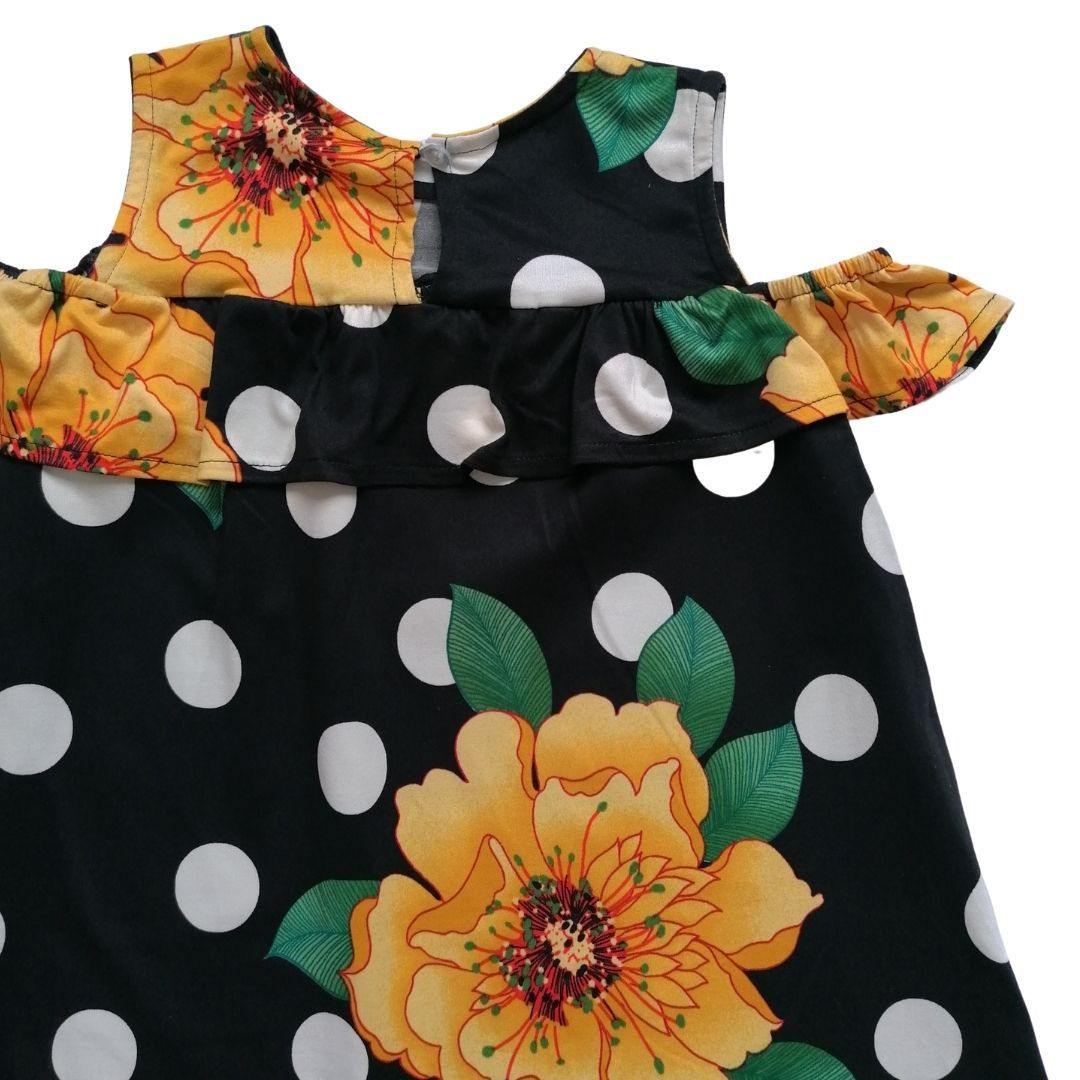 VESTIDO NEGRO CON LUNARES FLORES NIÑA - Mibebu -  Ropa Infantil