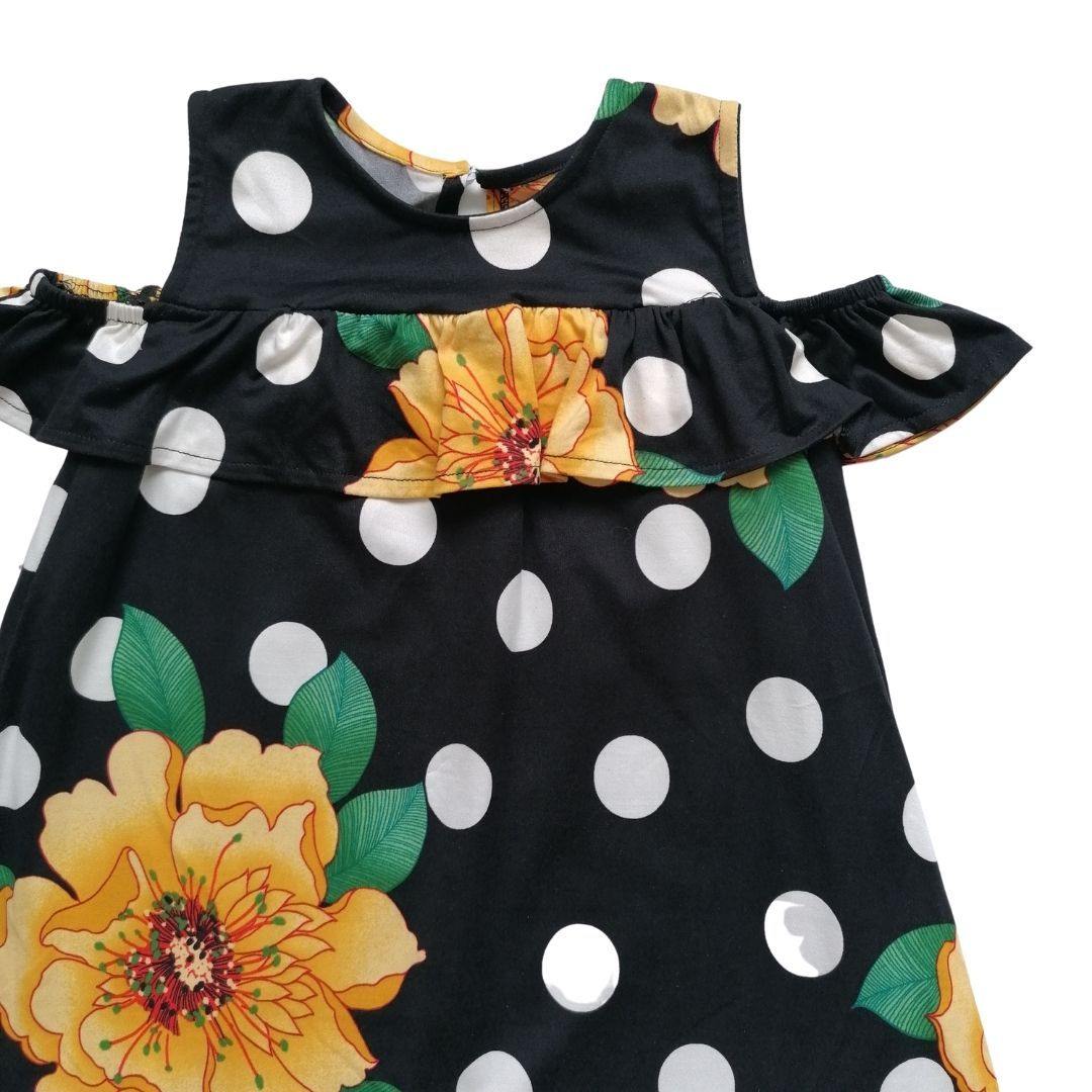 VESTIDO NEGRO CON LUNARES FLORES NIÑA - Mibebu -  Ropa Infantil