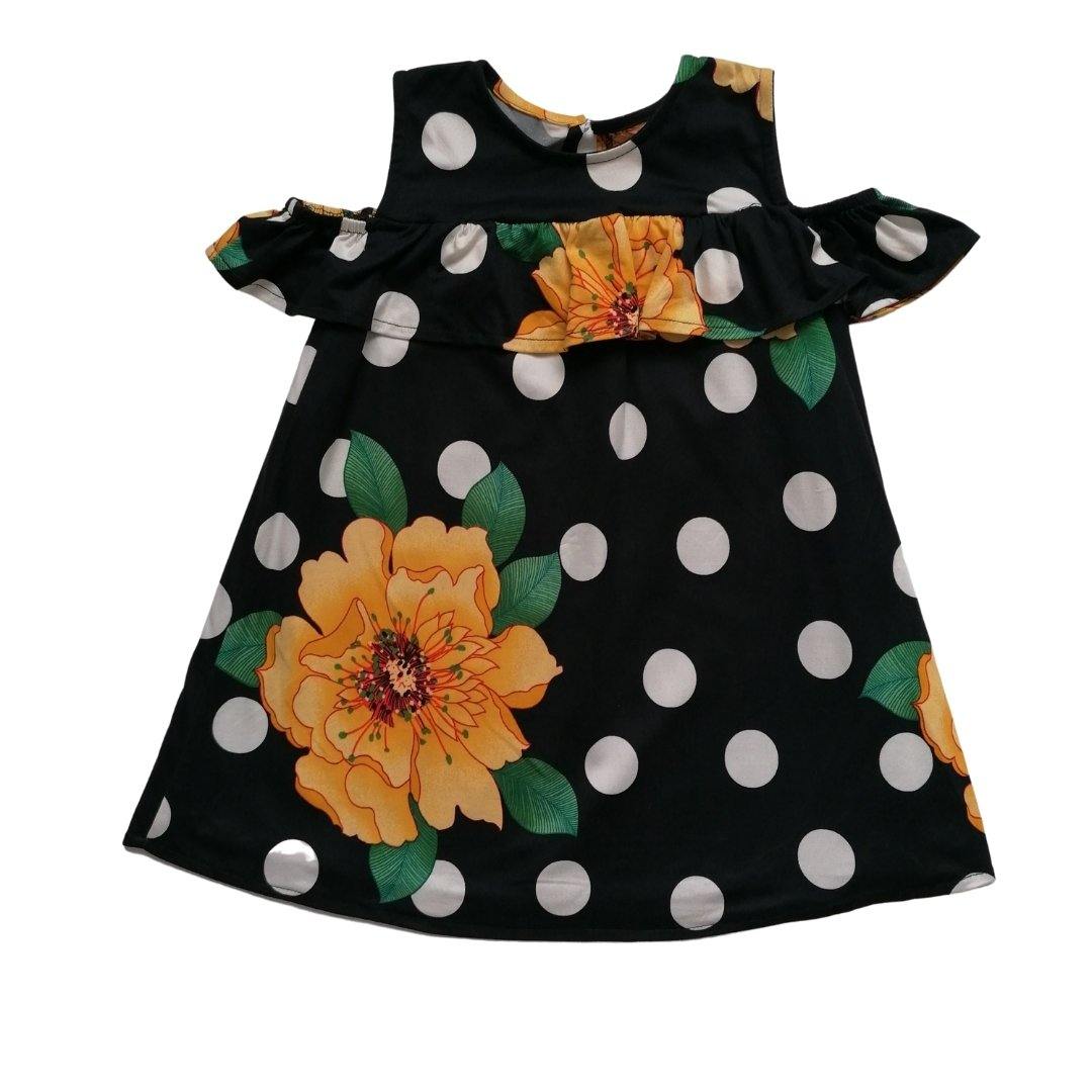 VESTIDO NEGRO CON LUNARES FLORES NIÑA - Mibebu -  Ropa Infantil