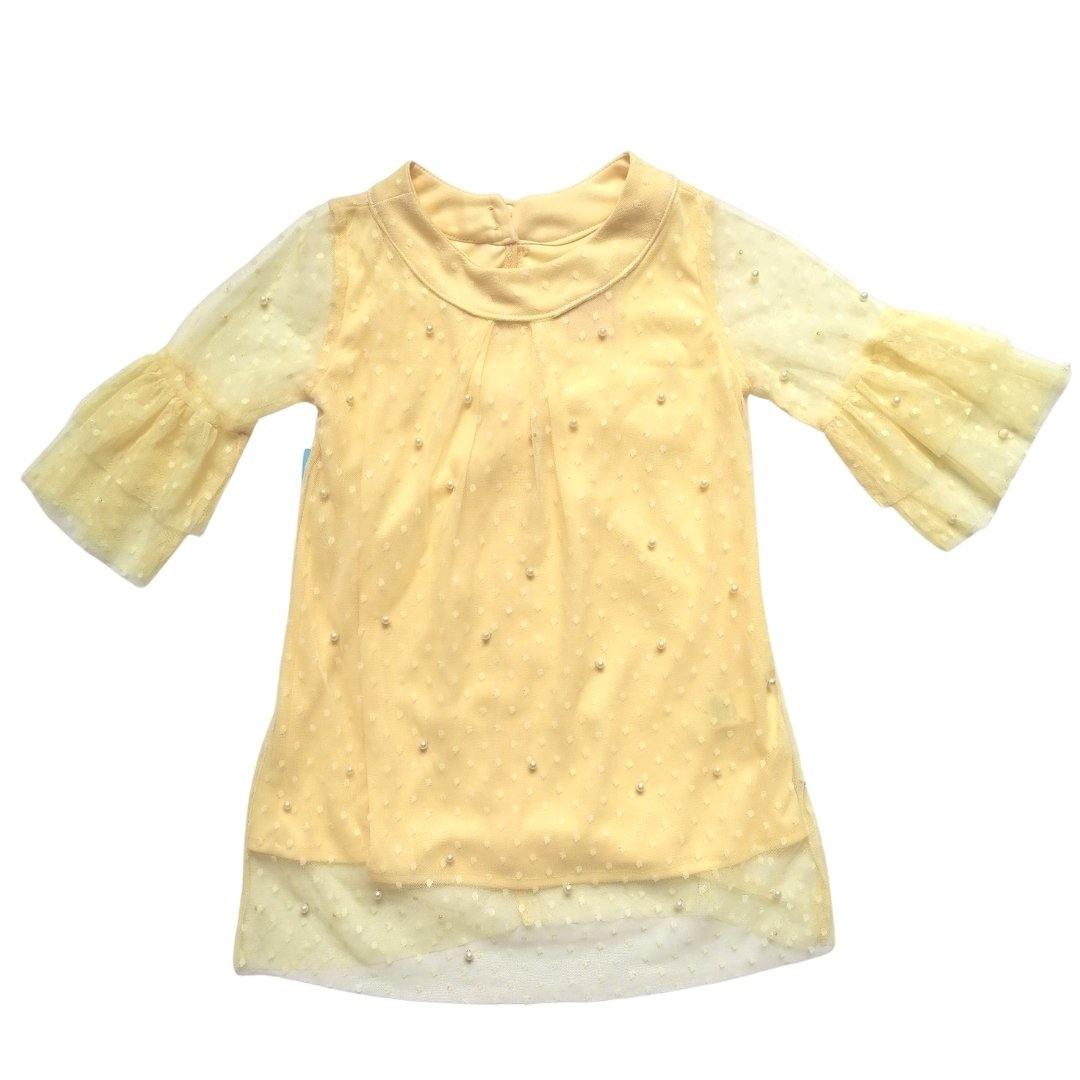 VESTIDO  ENCAJE AMARILLO PASTEL PERLAS NIÑA - Mibebu -  Ropa Infantil