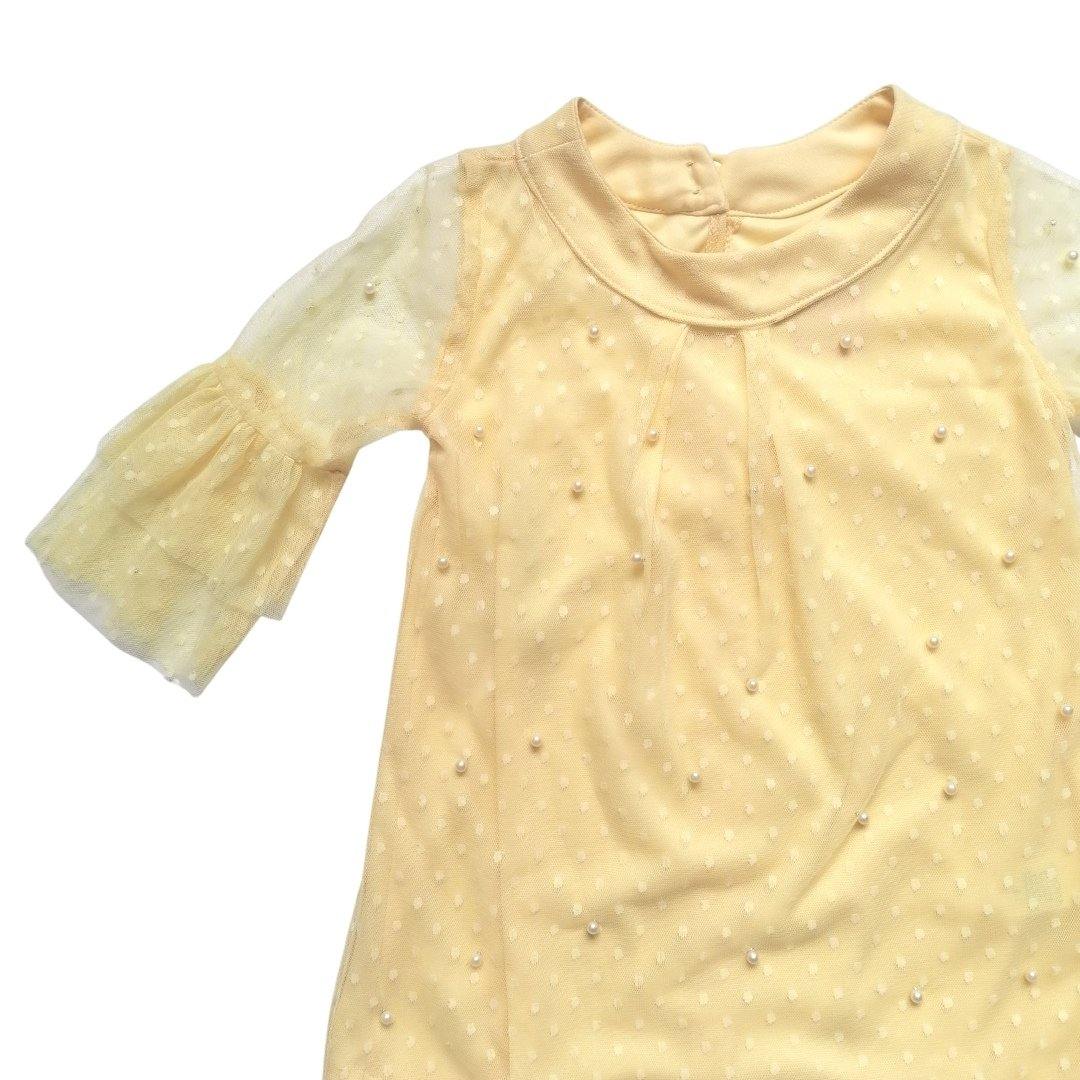 VESTIDO  ENCAJE AMARILLO PASTEL PERLAS NIÑA - Mibebu -  Ropa Infantil