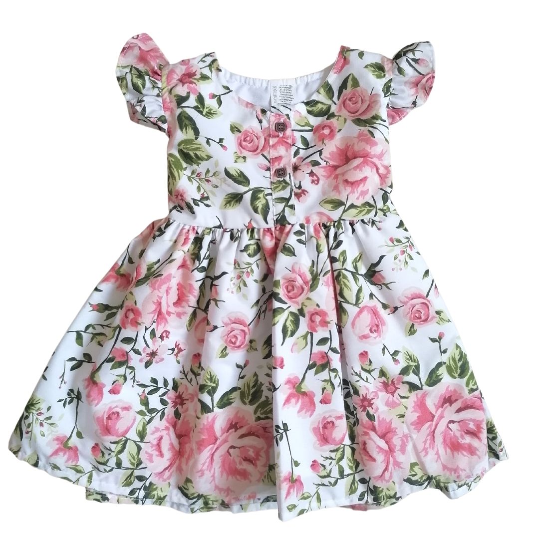 VESTIDO BLANCO FLORAL ROSAS ROSA  BEBÉ NIÑA