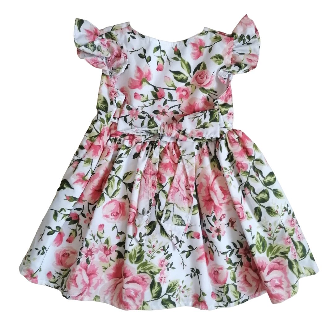 VESTIDO BLANCO FLORAL ROSAS ROSA  BEBÉ NIÑA